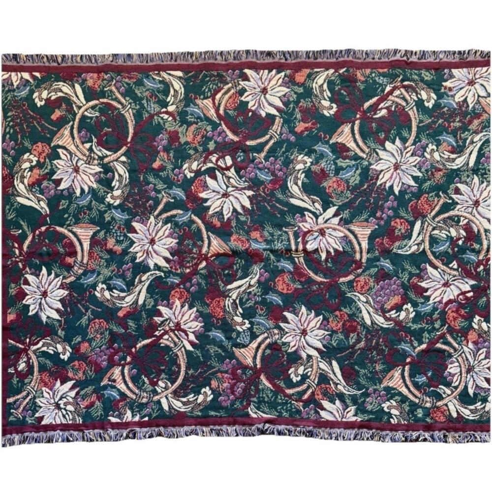 Goodwin Weavers Holiday Poinsettia Horns Throw Blanket Tapestry Green Red 45x62”